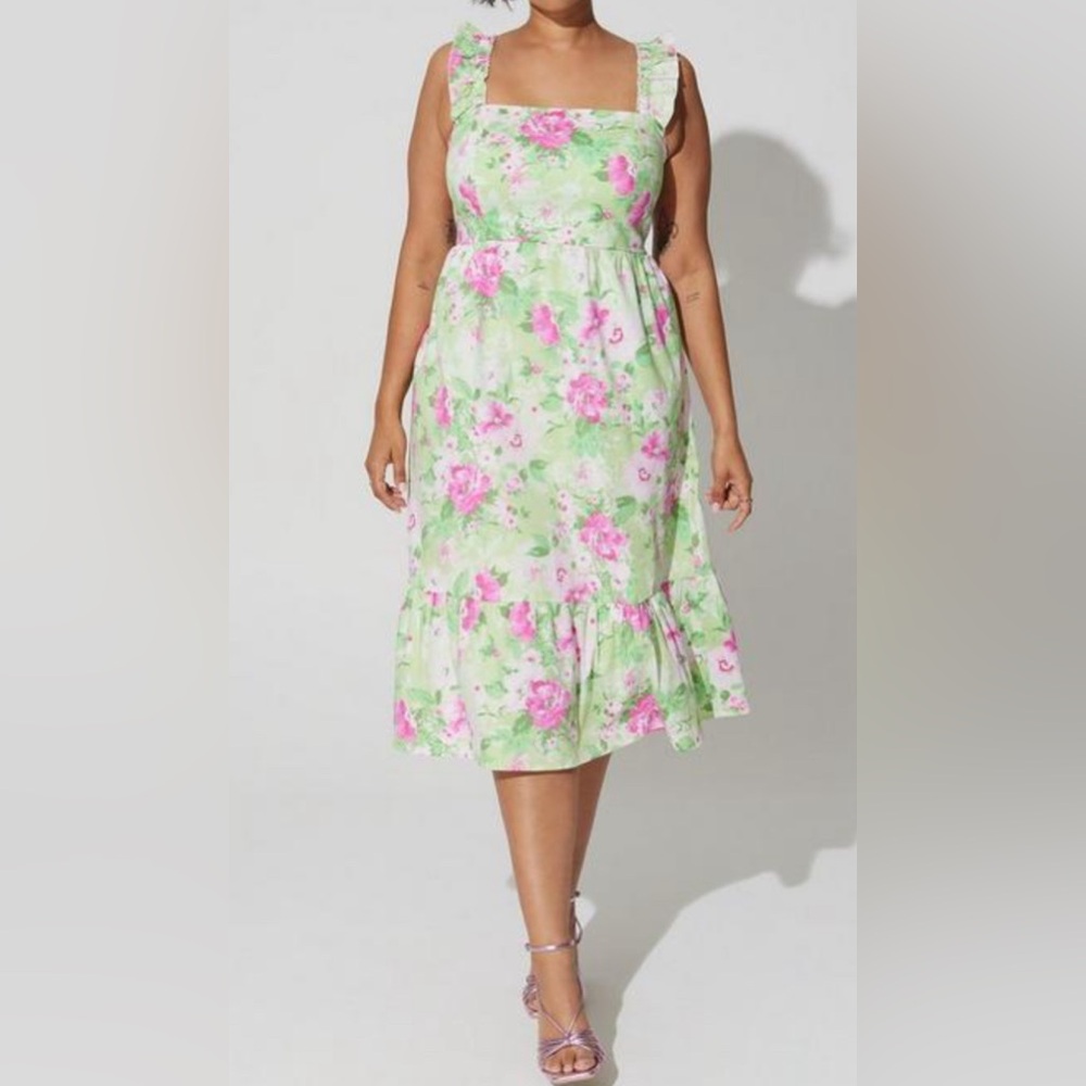 Torrid Women’s Sz 1(1X) Midi PoplinTiered Ruffle Strap Dress Pink Floral Pockets